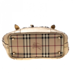 Pre Owned Burberry Beige/Gold Haymarket Check Cutout PVC and Leather Drawstring Tote