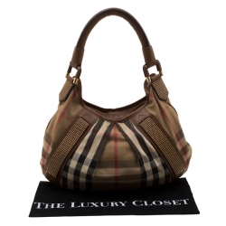 Pre Owned Burberry Brown Canvas and Leather Studded Nova Check Phoebe Hobo 