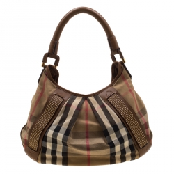 Pre Owned Burberry Brown Canvas and Leather Studded Nova Check Phoebe Hobo 
