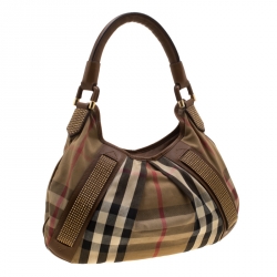 Pre Owned Burberry Brown Canvas and Leather Studded Nova Check Phoebe Hobo 