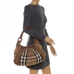 Pre Owned Burberry Brown Canvas and Leather Studded Nova Check Phoebe Hobo 