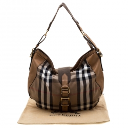 Pre Owned Burberry Brown House Check Canvas and Leather Buckle Hobo 