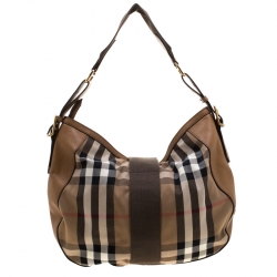 Pre Owned Burberry Brown House Check Canvas and Leather Buckle Hobo 