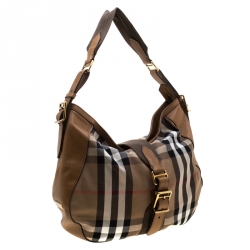 Pre Owned Burberry Brown House Check Canvas and Leather Buckle Hobo 