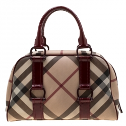 مملوكة مسبقًا حقيبة بربري جلد لامع و PVC كاروهات نوف ا بنية محمرة/ بيج