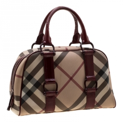 Burberry Beige/Maroon Nova Check PVC and Patent Leather Satchel