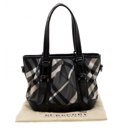 Burberry Black Beat Check Nylon and Patent Leather Small Lowry Tote