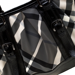 Pre Owned Burberry Black Beat Check Nylon and Patent Leather Small Lowry Tote