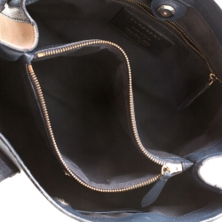 Pre Owned Burberry Navy Blue Leather and House Check Fabric Medium Banner Tote