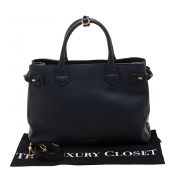 Pre Owned Burberry Navy Blue Leather and House Check Fabric Medium Banner Tote