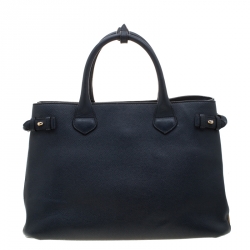 Pre Owned Burberry Navy Blue Leather and House Check Fabric Medium Banner Tote