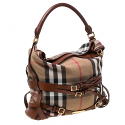 Pre Owned Burberry Brown House Check Canvas and Leather Medium Bridle Gosford Hobo