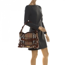 Pre Owned Burberry Brown House Check Canvas and Leather Medium Bridle Gosford Hobo