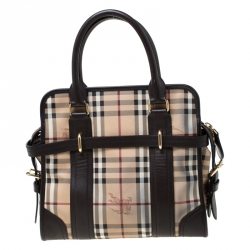 مملوكة مسبقًا حقيبة بربري مينفورد مربعات هايماركت بلاستيك مشمع و جلد بيج و بني داكن