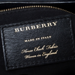 Pre Owned Burberry Navy Blue Leather and House Check Fabric Small Banner Tote