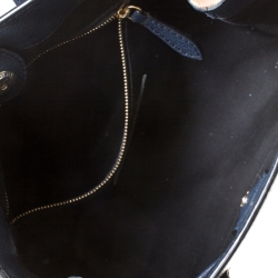 Pre Owned Burberry Navy Blue Leather and House Check Fabric Small Banner Tote