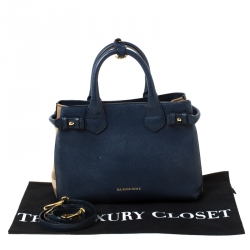 Pre Owned Burberry Navy Blue Leather and House Check Fabric Small Banner Tote