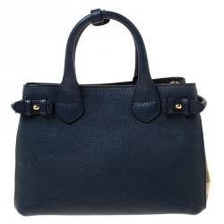 Pre Owned Burberry Navy Blue Leather and House Check Fabric Small Banner Tote