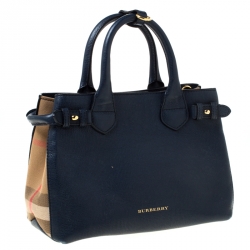 Pre Owned Burberry Navy Blue Leather and House Check Fabric Small Banner Tote