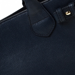 Pre Owned Burberry Navy Blue Leather and House Check Fabric Small Banner Tote
