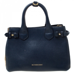 Pre Owned Burberry Navy Blue Leather and House Check Fabric Small Banner Tote