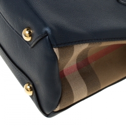 Pre Owned Burberry Navy Blue Leather and House Check Fabric Small Banner Tote