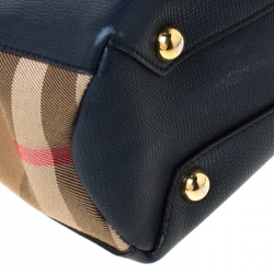 Pre Owned Burberry Navy Blue Leather and House Check Fabric Small Banner Tote