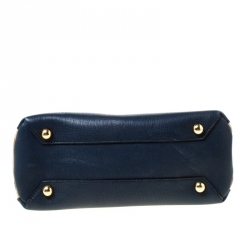 Pre Owned Burberry Navy Blue Leather and House Check Fabric Small Banner Tote