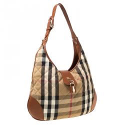 Pre Owned Burberry Beige/Tan Quilted House Check Canvas and Leather Brooke Hobo