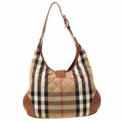Pre Owned Burberry Beige/Tan Quilted House Check Canvas and Leather Brooke Hobo