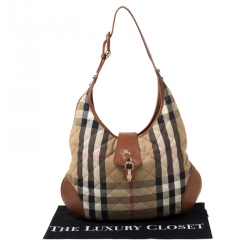 Pre Owned Burberry Beige/Tan Quilted House Check Canvas and Leather Brooke Hobo