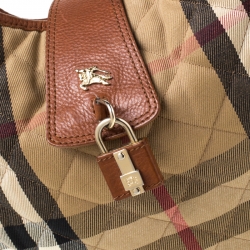 Pre Owned Burberry Beige/Tan Quilted House Check Canvas and Leather Brooke Hobo