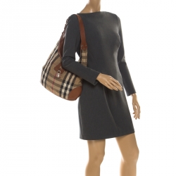 Pre Owned Burberry Beige/Tan Quilted House Check Canvas and Leather Brooke Hobo
