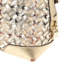 Pre Owned Burberry Metallic Gold Woven Top Handle Bag