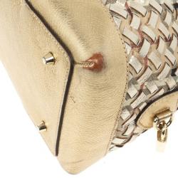 Pre Owned Burberry Metallic Gold Woven Top Handle Bag