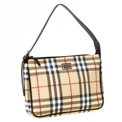 Pre Owned Burberry Beige/Brown Haymarket Check Canvas and Leather Shoulder Bag