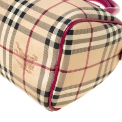 Pre Owned  حقيبة بوسطن بربري جلد وكانفاس مقوى بنقوش كروهات هاي ماركت فوشيا / بيج