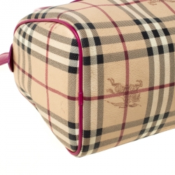 Pre Owned  حقيبة بوسطن بربري جلد وكانفاس مقوى بنقوش كروهات هاي ماركت فوشيا / بيج