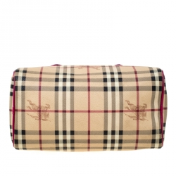 Pre Owned  حقيبة بوسطن بربري جلد وكانفاس مقوى بنقوش كروهات هاي ماركت فوشيا / بيج