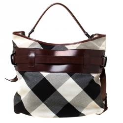 Pre Owned Burberry Check Canvas and Leather Double Pocket Buckle Hobo