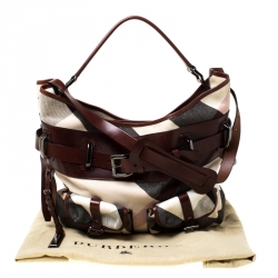 Pre Owned Burberry Check Canvas and Leather Double Pocket Buckle Hobo
