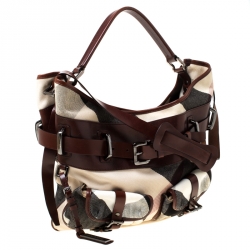 Pre Owned Burberry Check Canvas and Leather Double Pocket Buckle Hobo