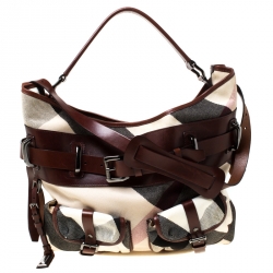 Pre Owned Burberry Check Canvas and Leather Double Pocket Buckle Hobo