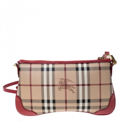 Pre Owned Burberry Beige/Pink Haymarket Check Coated Canvas and Patent Leather Crossbody Bag