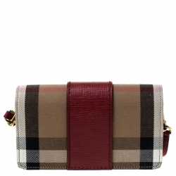 Pre Owned Burberry Beige/Red House Check Canvas and Leather Small Bridle Madison Buckle Bag