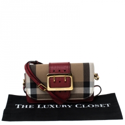 Pre Owned Burberry Beige/Red House Check Canvas and Leather Small Bridle Madison Buckle Bag