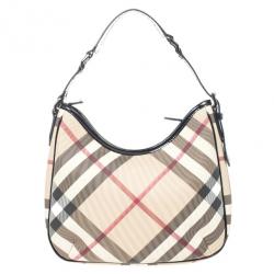 Pre Owned Burberry Black Patent Leather Supernova Coated Canvas Barton Hobo Bag