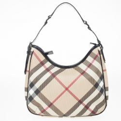 Pre Owned Burberry Black Patent Leather Supernova Coated Canvas Barton Hobo Bag