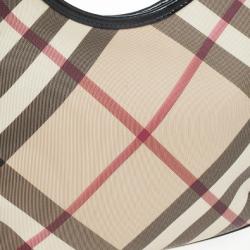 Pre Owned Burberry Black Patent Leather Supernova Coated Canvas Barton Hobo Bag