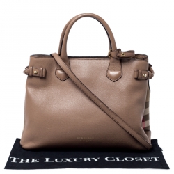 Pre Owned Burberry Brown Leather and House Check Fabric Medium Banner Tote